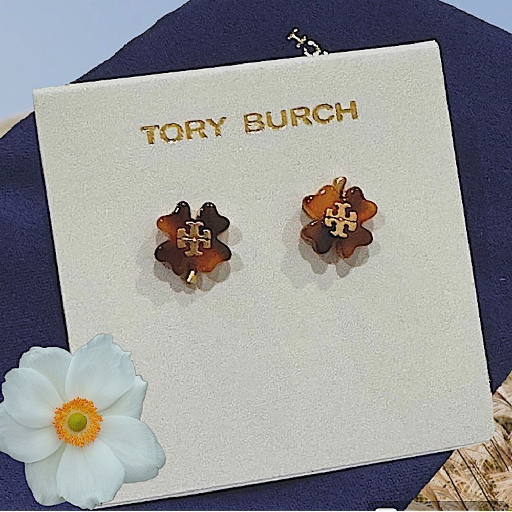 TORY BURCH TORTOISE FAUX SHELL STUD EARRINGS BROWN AND GOLG